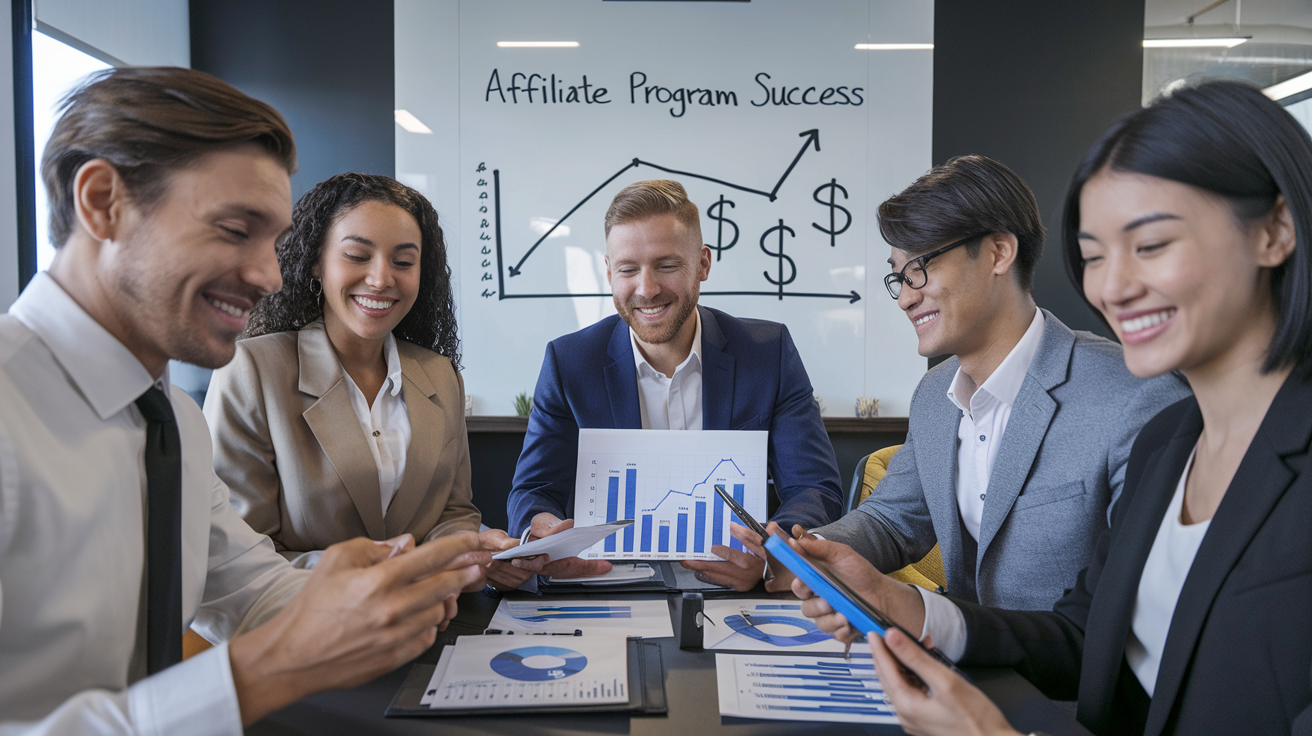 Create a realistic image of a diverse group of smiling business professionals (including white male, black female, and Asian male) sitting at a conference table, examining charts and graphs showing upward trends, with a whiteboard in the background displaying "Affiliate Program Success" and dollar signs, in a well-lit modern office setting.
