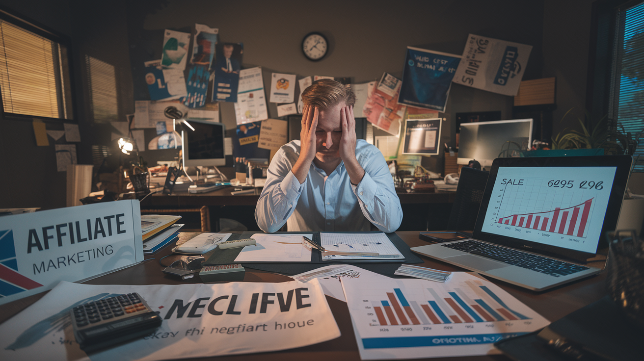 Create a realistic image of a frustrated white male entrepreneur sitting at a cluttered desk, staring at a laptop screen showing declining sales graphs and a calculator with negative numbers, with affiliate marketing banners and posters scattered around, dim office lighting, and a wall clock showing late hours, conveying the challenges and potential downsides of running an affiliate program.