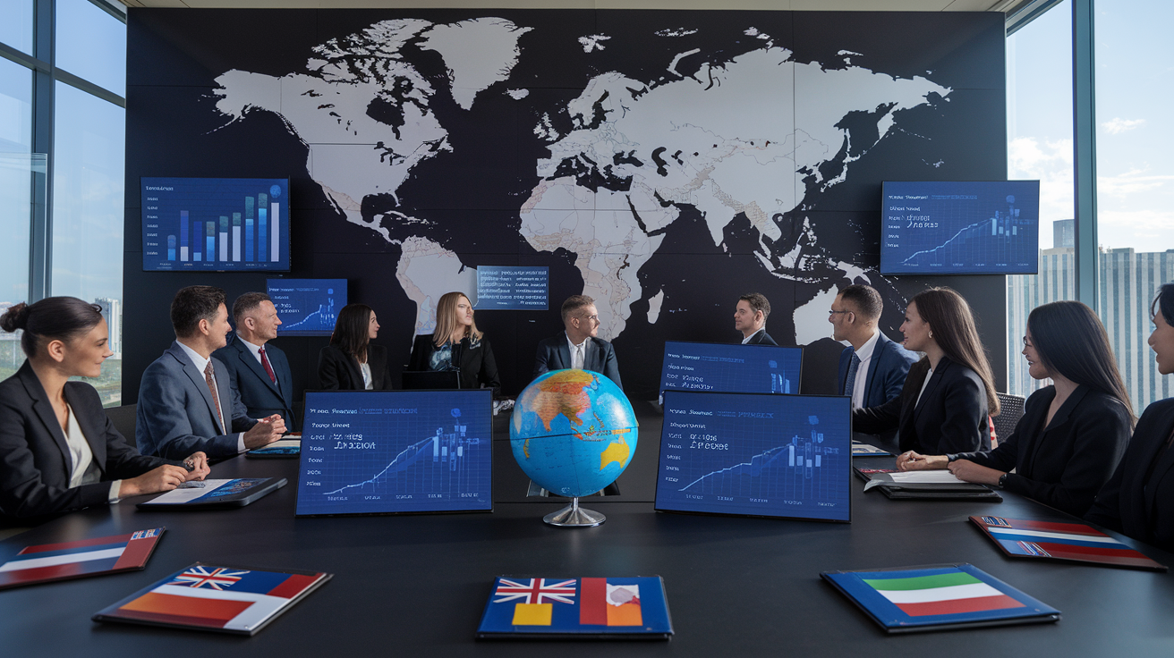 Create a realistic image of a modern office boardroom with a large world map on the wall, diverse business professionals discussing around a table, digital screens displaying trade statistics and graphs, a globe on the table, and documents with international flags scattered about. The lighting should be bright and professional. Include the text "Global Trade Partnerships" subtly integrated into the scene.