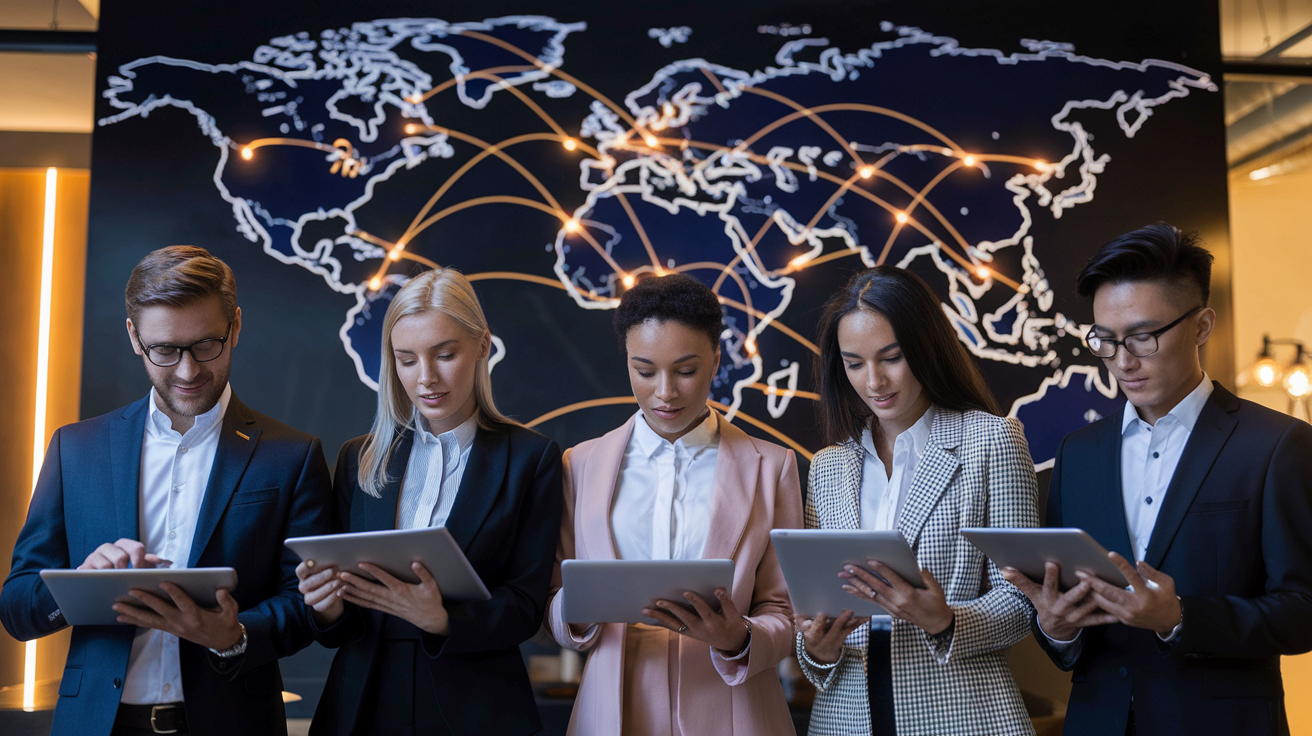 Create a realistic image of a diverse group of business professionals (including white male, black female, and Asian male) standing in front of a large world map with glowing connection lines between countries, examining trade documents and digital tablets, with a modern office setting in the background, warm lighting, and a sense of collaboration and global connectivity.