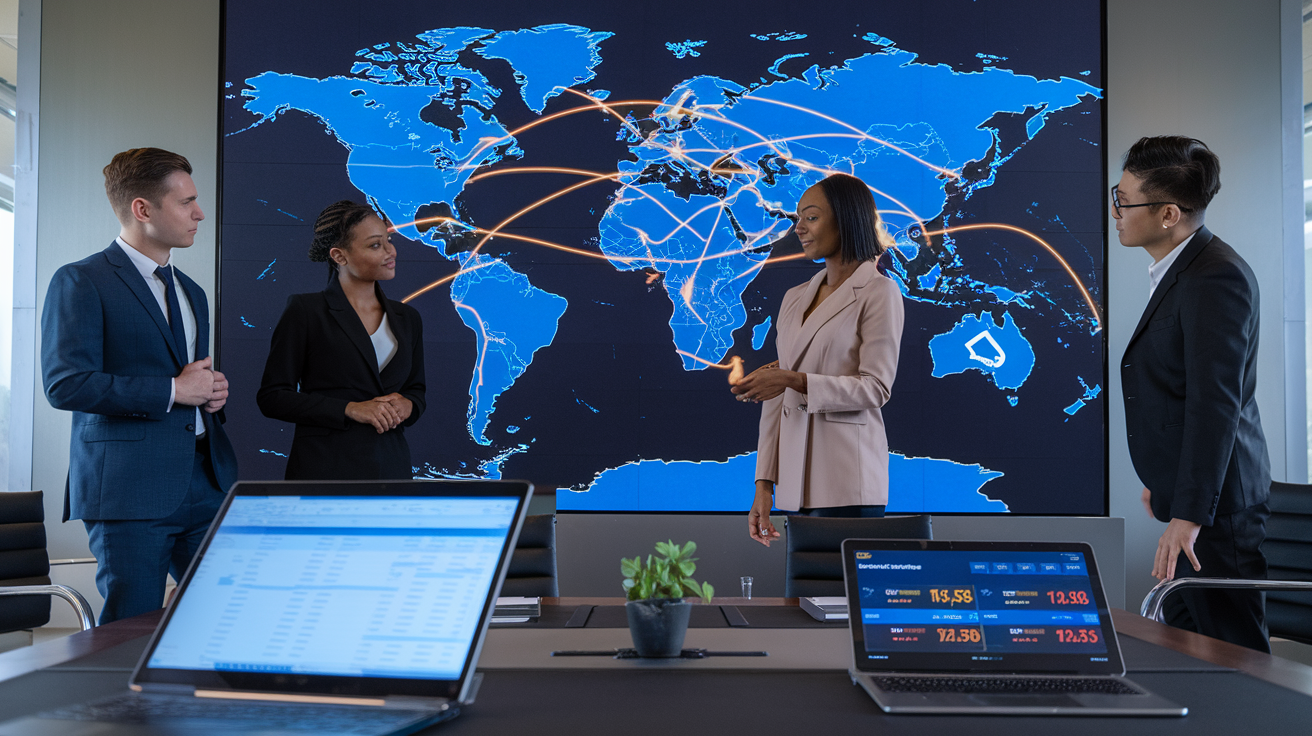 Create a realistic image of a diverse group of business professionals, including a white male, a black female, and an Asian male, standing in a modern office boardroom, examining a large world map displayed on a digital screen. The map highlights international trade routes with glowing lines connecting different countries. In the foreground, there's an open laptop showing trade agreement documents and a sleek tablet displaying real-time currency exchange rates. The overall scene is well-lit, conveying a sense of collaboration and strategic planning in a global business context.
