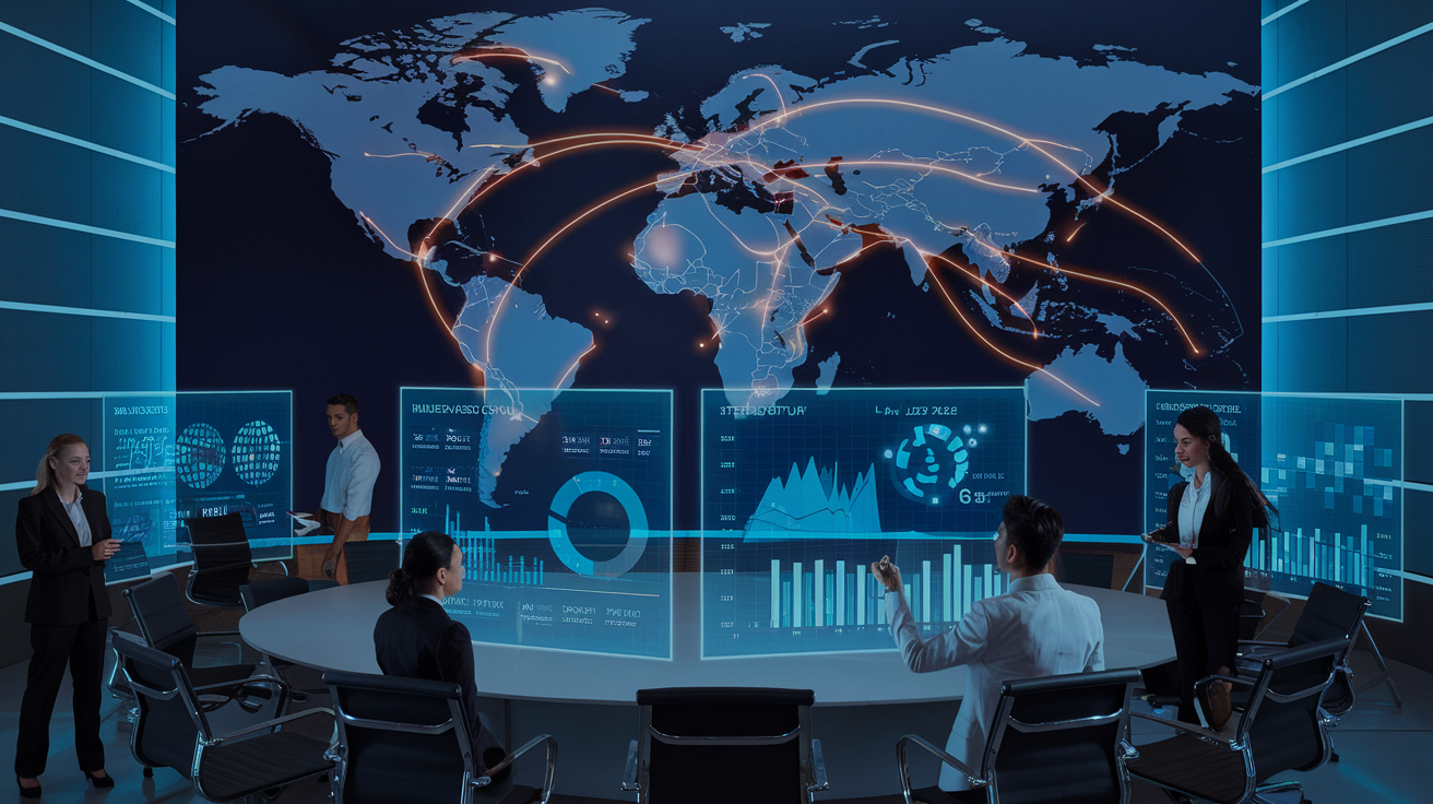 Create a realistic image of a modern boardroom with a large world map on the wall, showing global trade routes with glowing lines. In the foreground, diverse business professionals (including white male, black female, and Asian male) are examining holographic displays of trade statistics, economic charts, and emerging market data. The room has a high-tech feel with sleek furniture and ambient blue lighting, symbolizing the digital age of international commerce.