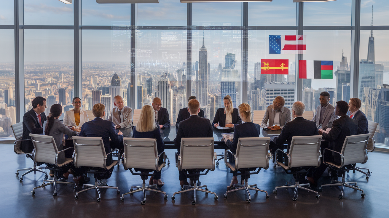 Create a realistic image of a diverse group of business professionals, including a white male, a black female, and an Asian male, sitting around a sleek conference table in a modern office with floor-to-ceiling windows overlooking an international cityscape, discussing documents and digital presentations displayed on a large screen, with flags of various countries visible in the background, conveying a sense of global collaboration and strategic planning for international consulting.