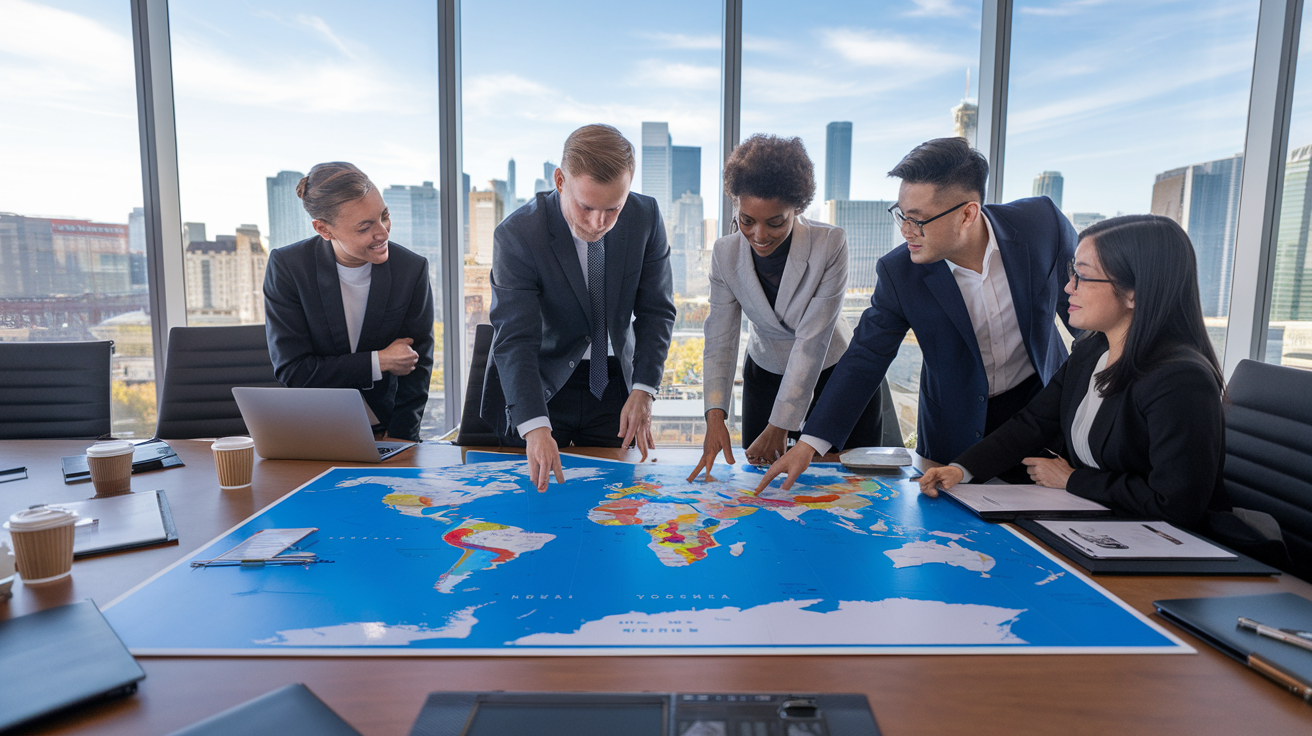 Create a realistic image of a diverse group of business professionals - including white male, black female, and Asian male - gathered around a large world map on a conference table, pointing to different regions and discussing international trade strategies, with laptops, documents, and coffee cups scattered on the table, in a well-lit modern office setting with floor-to-ceiling windows showcasing a city skyline.