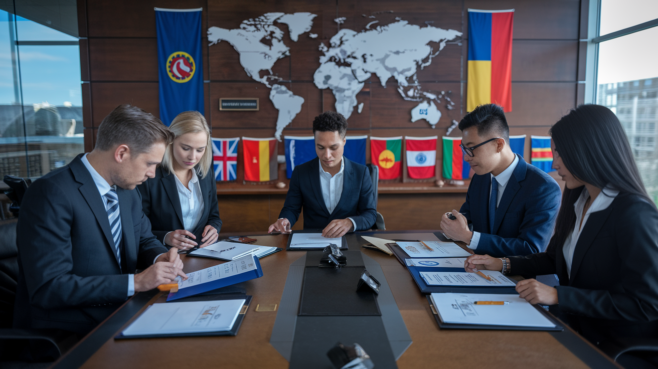 Create a realistic image of a diverse group of business professionals, including a white male, a black female, and an Asian male, examining complex regulatory documents and international trade agreements spread across a large conference table, with a world map and multiple national flags visible on the wall behind them, in a well-lit corporate boardroom setting, conveying a sense of focused collaboration and problem-solving.