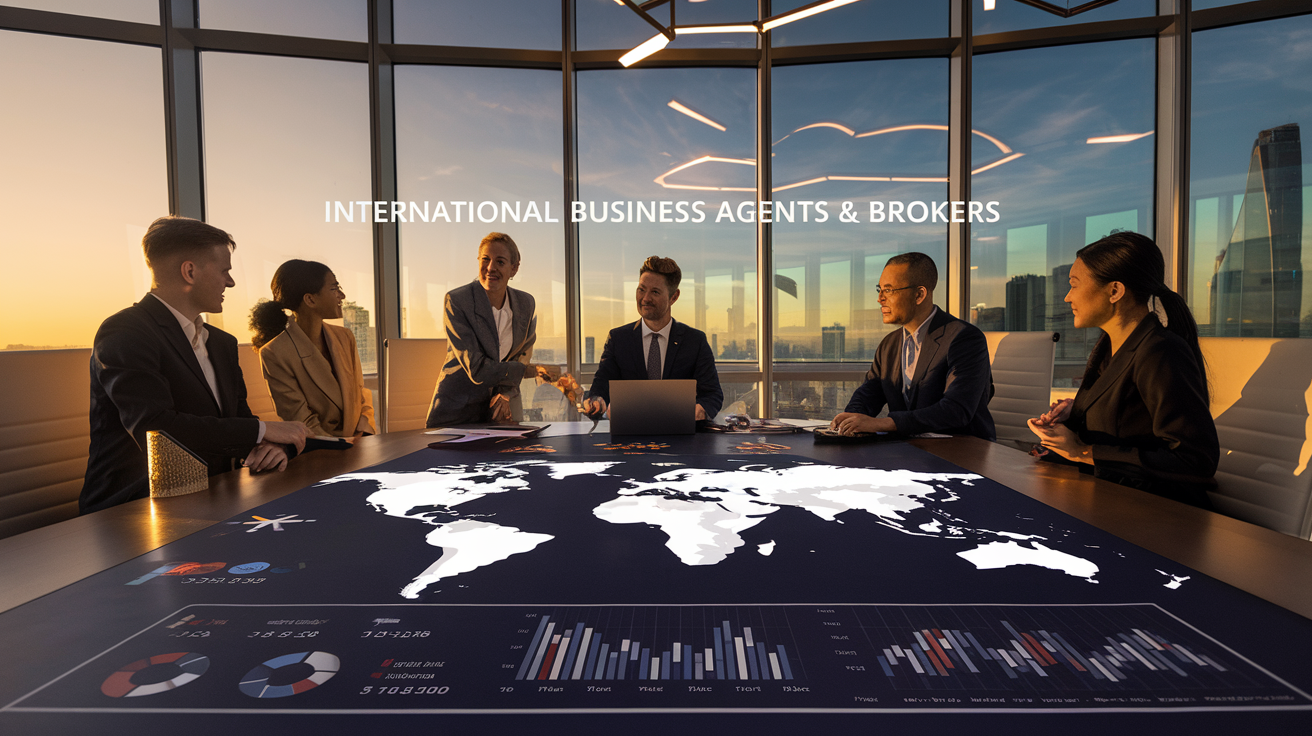 Create a realistic image of a diverse group of business professionals, including a white male, black female, and Asian male, engaging in a meeting around a large world map on a sleek conference table, with global trade symbols and a laptop displaying international market data in the foreground, and a modern cityscape visible through floor-to-ceiling windows in the background, with warm lighting and a professional atmosphere, and the text "International Business Agents & Brokers" overlaid in a subtle, professional font.
