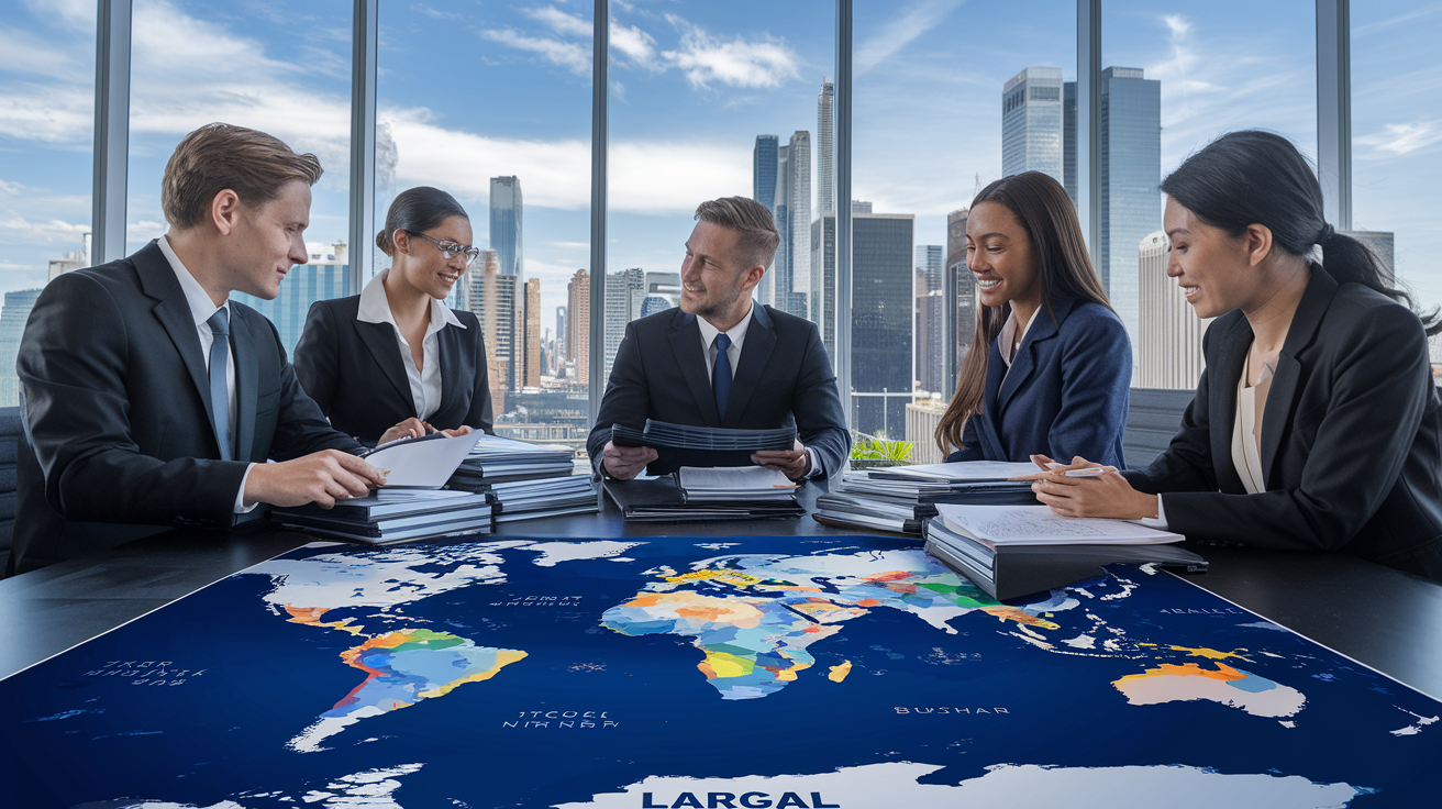 Create a realistic image of a diverse group of business professionals, including a white male, black female, and Asian male, engaged in a meeting around a large world map on a table, with global trade routes highlighted, stacks of international contracts visible, and a background featuring a modern office with city skyline views, symbolizing international business operations and negotiations.