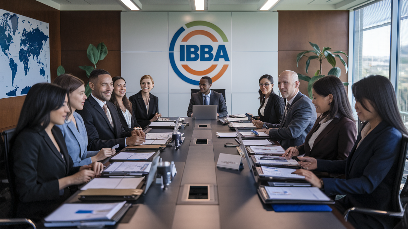 Create a realistic image of a diverse group of business professionals, including white, black, and Asian men and women, sitting around a large conference table with the "IBBA" logo prominently displayed on a wall behind them, discussing international business deals with documents and laptops spread out on the table, in a well-lit modern corporate boardroom with a global map visible in the background.