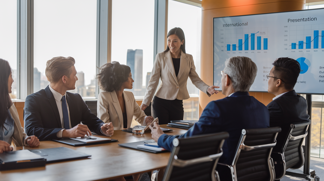 Create a realistic image of a diverse group of business professionals, including a white male, black female, and Asian male, seated around a conference table, reviewing documents and discussing with a confident-looking white female business broker standing at the head of the table, gesturing towards a presentation screen showing international business graphs and charts, in a modern office setting with floor-to-ceiling windows overlooking a city skyline, warm lighting emphasizing professionalism and collaboration.