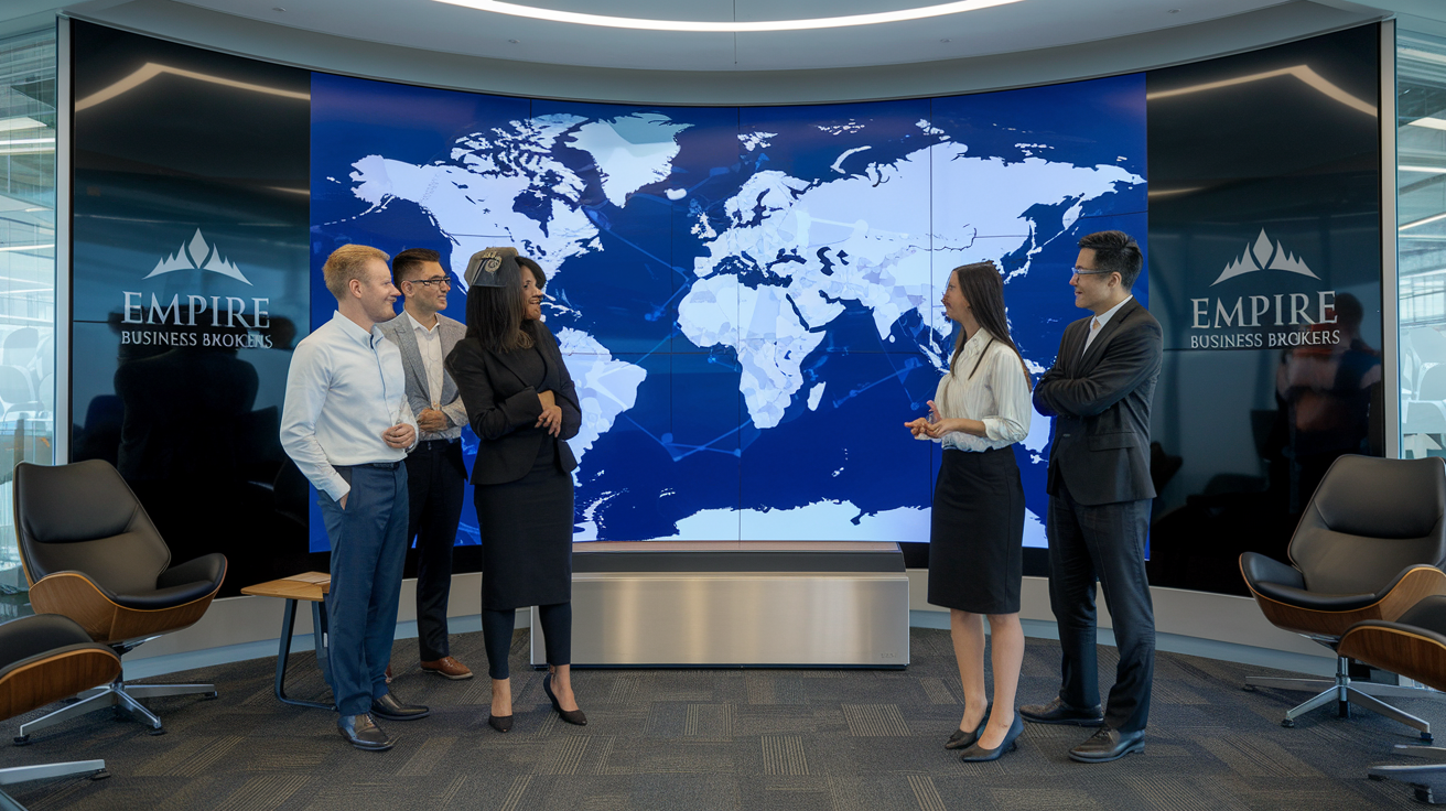 Create a realistic image of a diverse group of business professionals, including white male, black female, and Asian male, engaged in a conversation around a large world map displayed on a sleek digital screen in a modern office setting, with "Empire Business Brokers" logo prominently displayed, conveying a global network and international business connections.