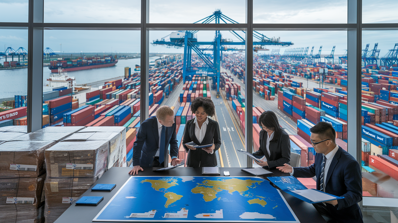 Create a realistic image of a bustling international trade hub with shipping containers, cargo ships, and warehouses in the background, showcasing a diverse group of business professionals (including white male, black female, and Asian male) examining trade documents and discussing over a world map spread on a table, with visible import/export labels on nearby packages, all set in a modern office space with large windows overlooking the port.