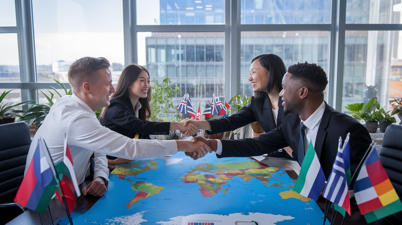 Create a realistic image of a diverse group of business professionals, including a white male, an Asian female, and a black male, engaged in a handshake deal across a global map-covered desk, with international flags and a cityscape visible through large office windows, symbolizing successful international business partnerships and collaboration.