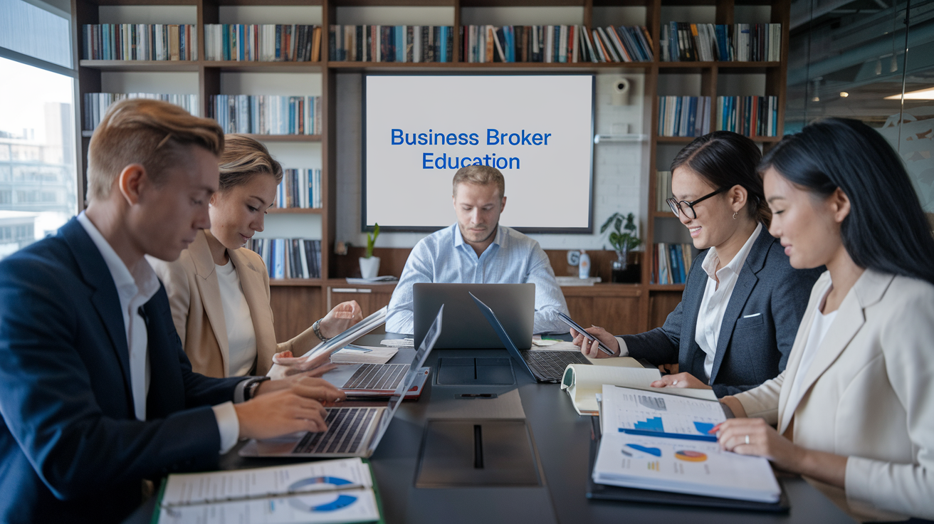 Create a realistic image of a diverse group of business professionals, including a white male, black female, and Asian male, seated around a conference table with open laptops and notebooks, studying various business documents and charts, with bookshelves filled with business and finance literature in the background, and a whiteboard displaying "Business Broker Education" in clear text, all in a well-lit, modern office setting.