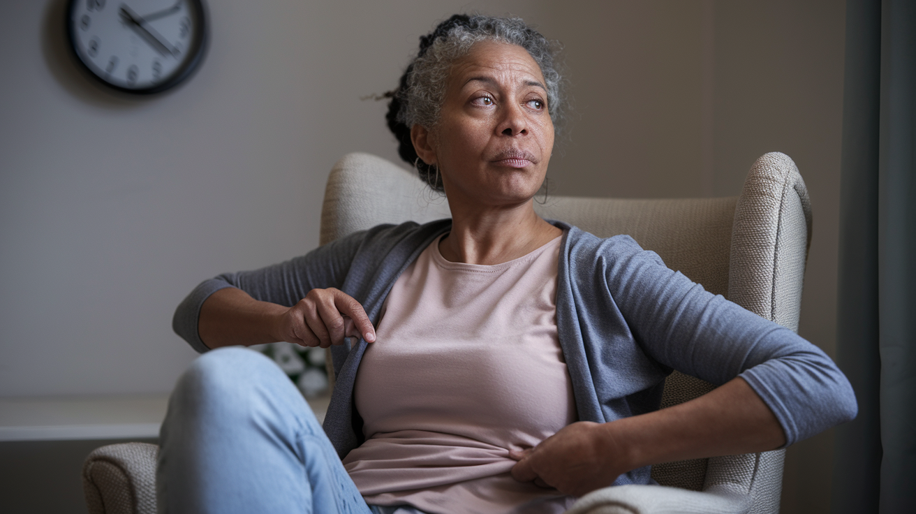 Create a realistic image of a middle-aged woman of mixed race looking thoughtfully at her reflection in a mirror, pinching her waistline with a slightly concerned expression, wearing comfortable casual clothing, with a subtle clock or calendar visual element in the background suggesting the passage of time, in warm, soft lighting that creates a contemplative mood.