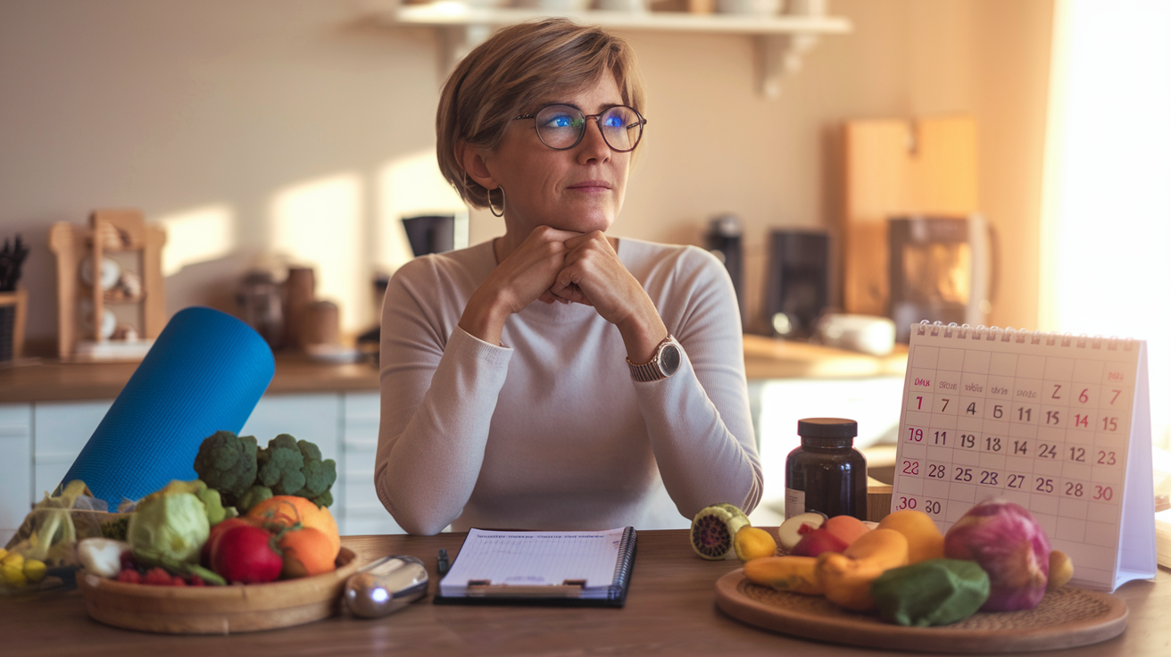 Create a realistic image of a middle-aged white woman sitting at a kitchen table with a thoughtful expression, planning her personalized weight loss journey with various holistic elements visible around her: a notebook with a meal plan, a yoga mat in the background, healthy food items, herbal supplements, and a calendar marked with workout schedules, all bathed in warm, natural lighting that creates an atmosphere of hope and determination.