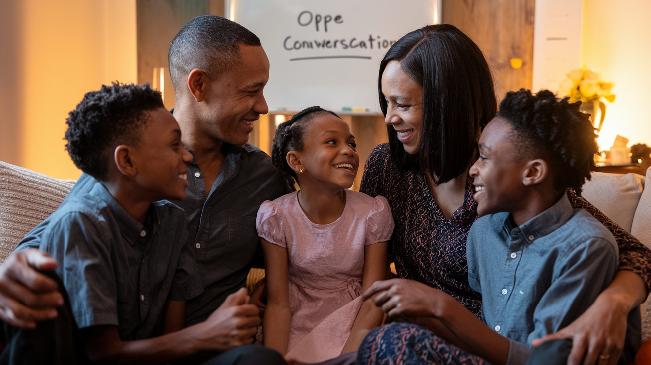 Create a realistic image of a diverse family sitting together in a cozy living room, with parents and children engaged in animated conversation, smiling and making eye contact, warm lighting creating a nurturing atmosphere, and a whiteboard in the background with "Open Communication" written on it.