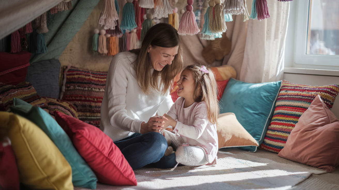 Create a realistic image of a joyful white mother and her young daughter laughing as they build a pillow fort in a cozy living room, surrounded by colorful cushions and blankets, with soft natural light streaming through a nearby window, capturing the essence of embracing playfulness in parenting.