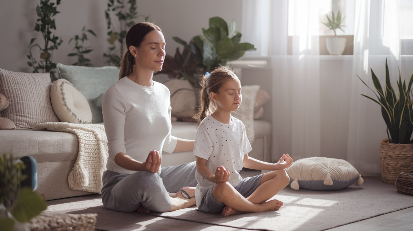 Create a realistic image of a white female parent and a young child sitting cross-legged on a comfortable living room floor, eyes closed, practicing mindfulness meditation together, with soft natural light streaming through a nearby window, surrounded by calming decor elements like plants and cushions, creating a serene and peaceful atmosphere.