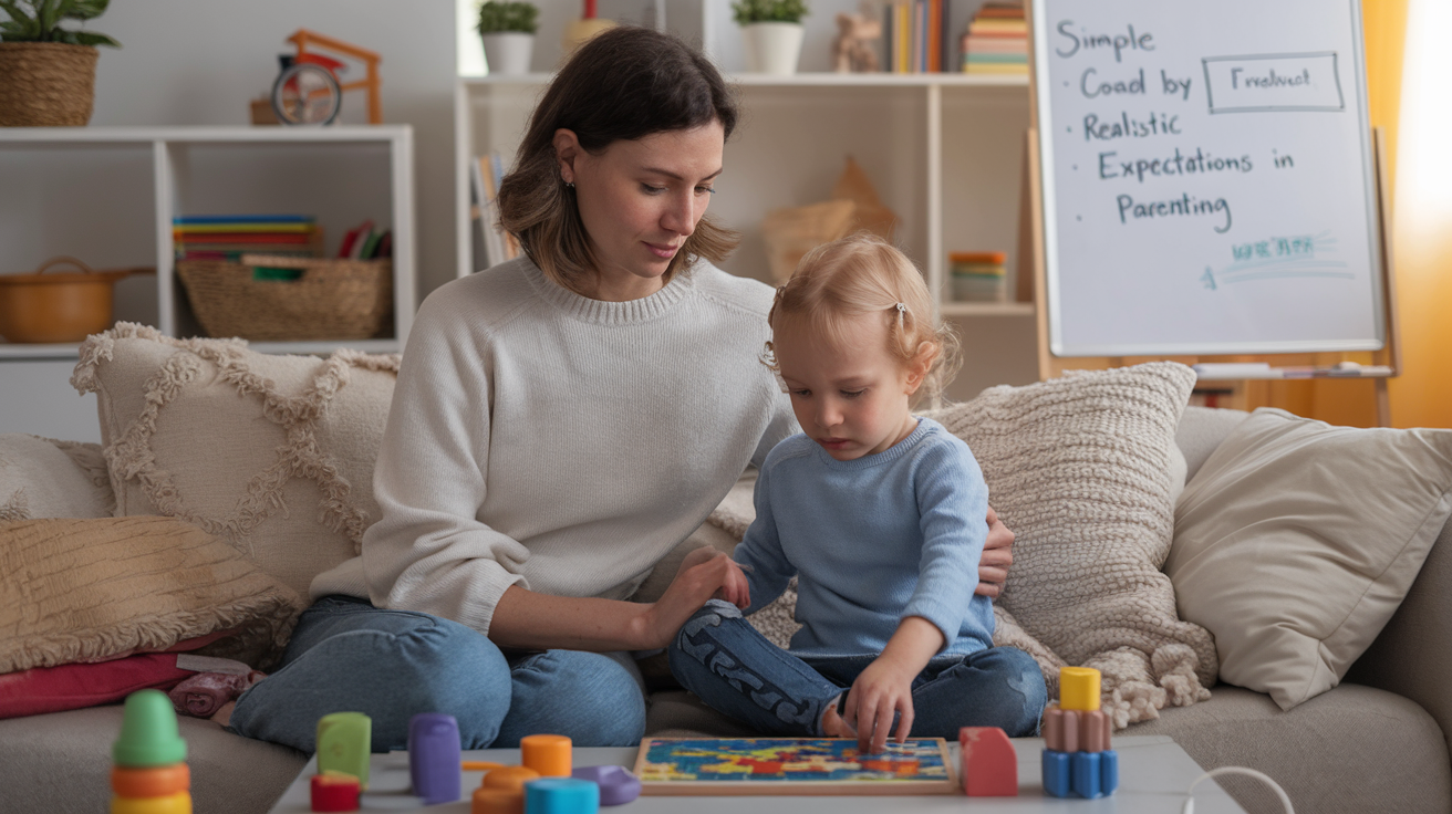 Create a realistic image of a white female parent and a young child sitting on a cozy couch, surrounded by toys and books. The parent has a calm, understanding expression while the child appears slightly frustrated with a puzzle. Soft, warm lighting fills the room, creating a nurturing atmosphere. A whiteboard in the background displays simple, achievable goals, emphasizing the concept of realistic expectations in parenting.