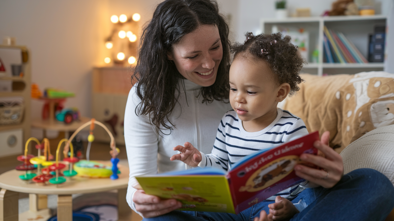 Create a realistic image of a white female parent smiling and reading a book to her young child in a cozy living room, with the child eagerly listening and mimicking the parent's gestures, surrounded by educational toys and a bookshelf in the background, warm lighting creating a nurturing atmosphere.