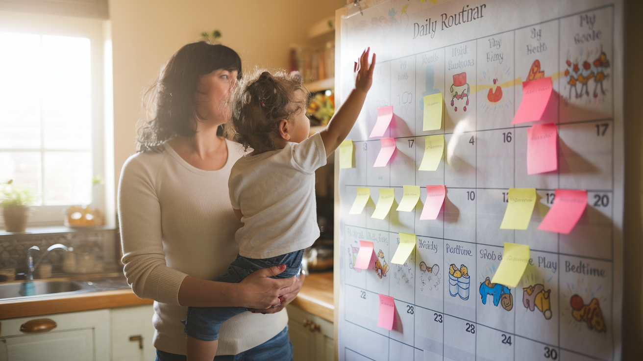 Create a realistic image of a white female parent and a young child organizing colorful sticky notes on a large calendar board, with a warm, sunlit kitchen in the background, showcasing a visually appealing daily routine chart with cheerful illustrations for different activities like meals, playtime, and bedtime.