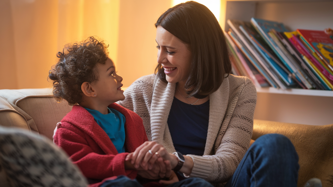 Create a realistic image of a white female mother and her young child sitting on a cozy couch, engaged in a heartfelt conversation, with the mother attentively listening and maintaining eye contact, warm lighting creating a nurturing atmosphere, and a bookshelf filled with children's books visible in the background.