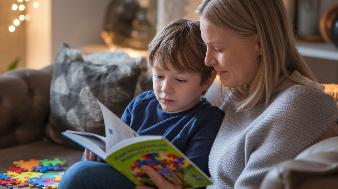 Create a realistic image of a white female parent and her autistic child, about 8 years old, sitting together on a couch, looking at an open book about autism spectrum disorders, with colorful puzzle pieces scattered nearby, warm lighting, and a calm, nurturing atmosphere in a cozy living room setting.