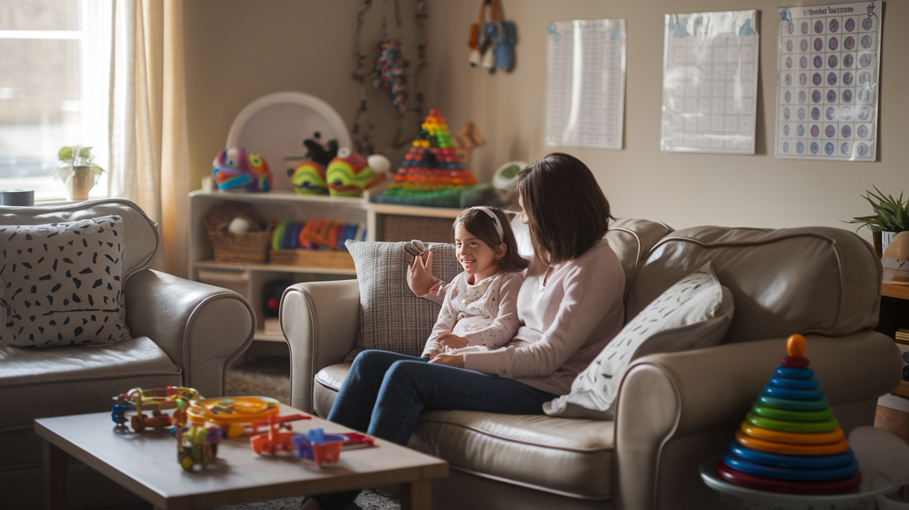 Create a realistic image of a cozy living room with soft lighting, featuring a white female child with autism and her mother sitting on a comfortable couch, surrounded by sensory-friendly toys, noise-cancelling headphones, and visual schedules on the wall, conveying a calm and supportive atmosphere for autism care.