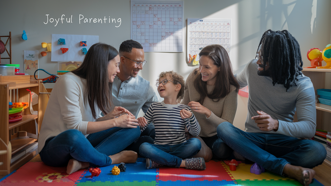 Create a realistic image of a diverse family group (including white and black parents) sitting together on a colorful playmat, interacting joyfully with an autistic child. The scene should include visual aids, sensory toys, and a structured daily schedule on the wall. The mood is warm and supportive, with natural lighting. Include the text "Joyful Parenting" in a subtle, child-like font in the corner.