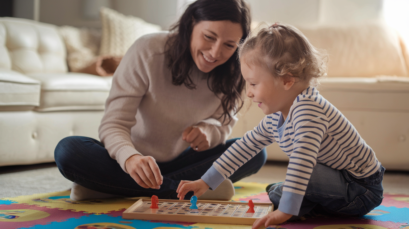 Create a realistic image of a smiling white female parent and her autistic child, both seated on a colorful play mat in a cozy living room, engaging in a cooperative board game. The child is making eye contact with the parent while reaching for a game piece. Soft, warm lighting illuminates the scene, emphasizing the nurturing and supportive atmosphere.