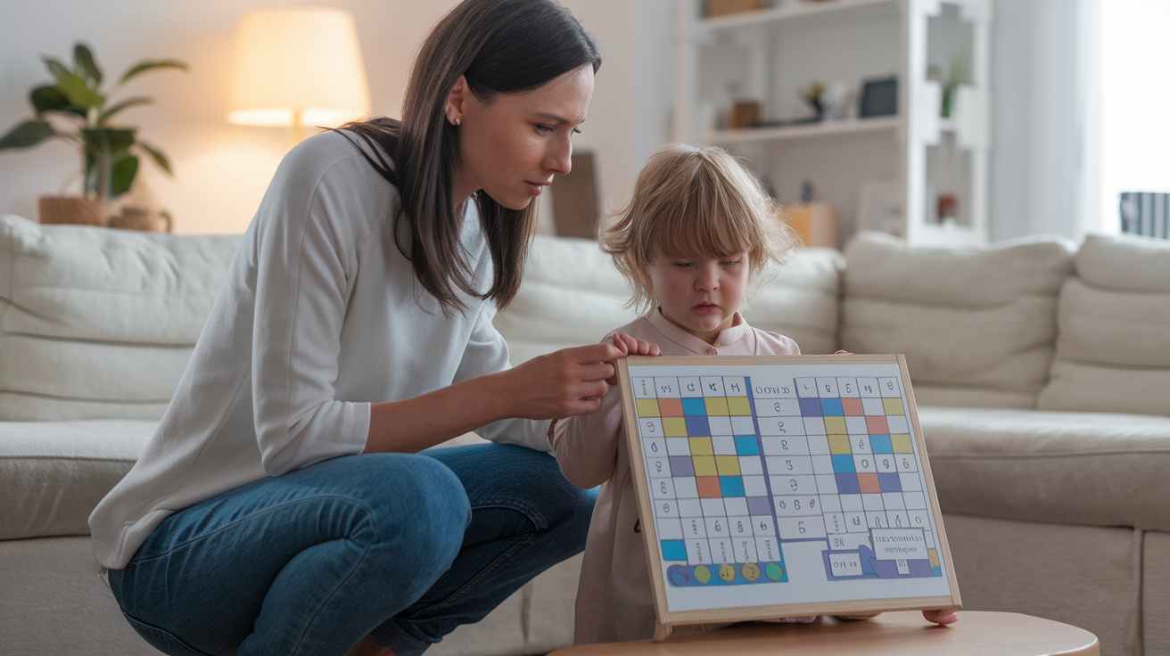 Create a realistic image of a white female parent calmly kneeling beside a frustrated autistic child in a living room, using a visual schedule board to communicate and redirect behavior, with soft lighting and a peaceful atmosphere, showcasing patience and understanding in managing challenging behaviors.