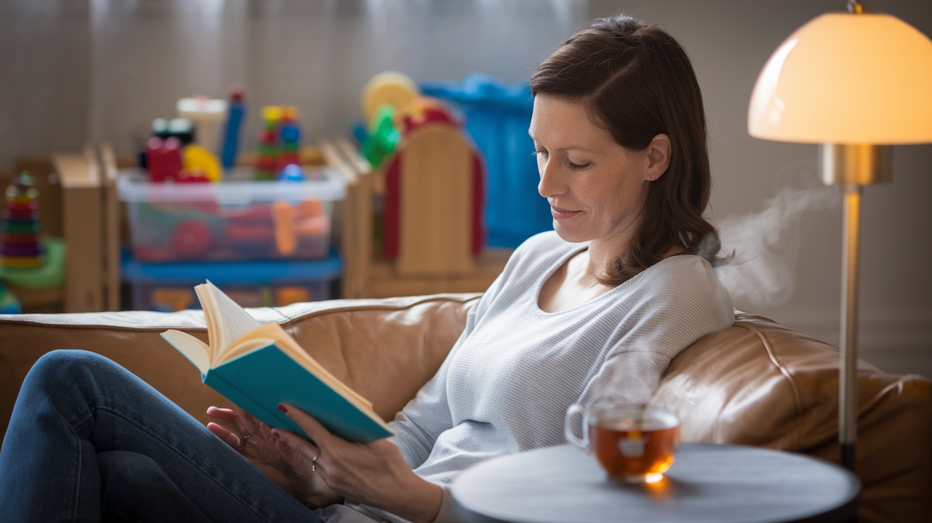 Create a realistic image of a white female caregiver sitting on a cozy couch, reading a book with a peaceful expression, a steaming cup of tea on a side table, and soft lighting from a nearby lamp, while in the background, a child's colorful toys are neatly organized, suggesting a moment of tranquility and self-care amidst the challenges of caring for an autistic child.