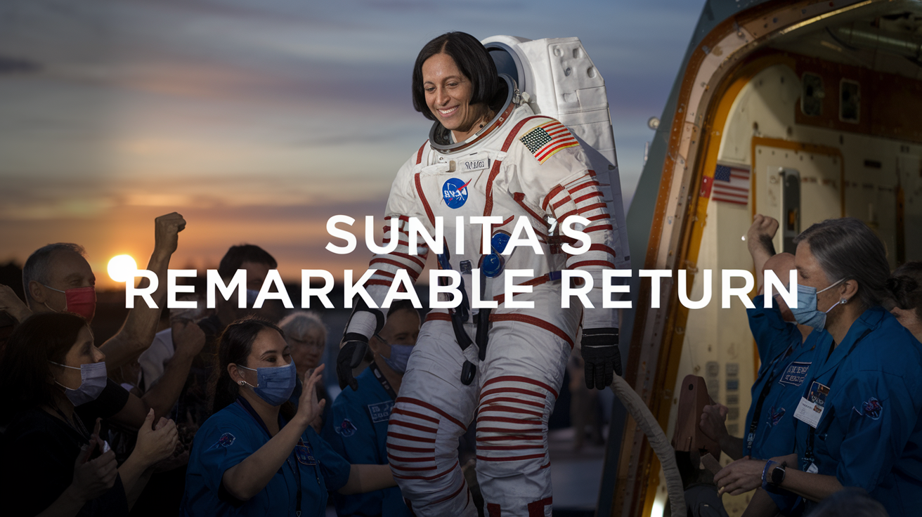 Create a realistic image of astronaut Sunita Williams, an Indian-American female, stepping onto Earth from a spacecraft, wearing a spacesuit with NASA logo, surrounded by a cheering crowd and medical team, with Earth's atmosphere and a setting sun in the background. Text overlay: "Sunita's Remarkable Return".