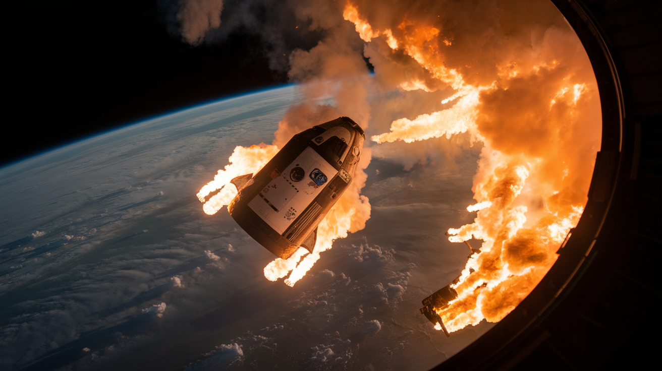 Create a realistic image of a space capsule with flames and heat waves surrounding it as it plummets through Earth's atmosphere, visible curvature of the planet below, dramatic lighting from the fiery re-entry, and a sense of intense speed and motion blur to capture the thrilling descent of an astronaut returning from space.