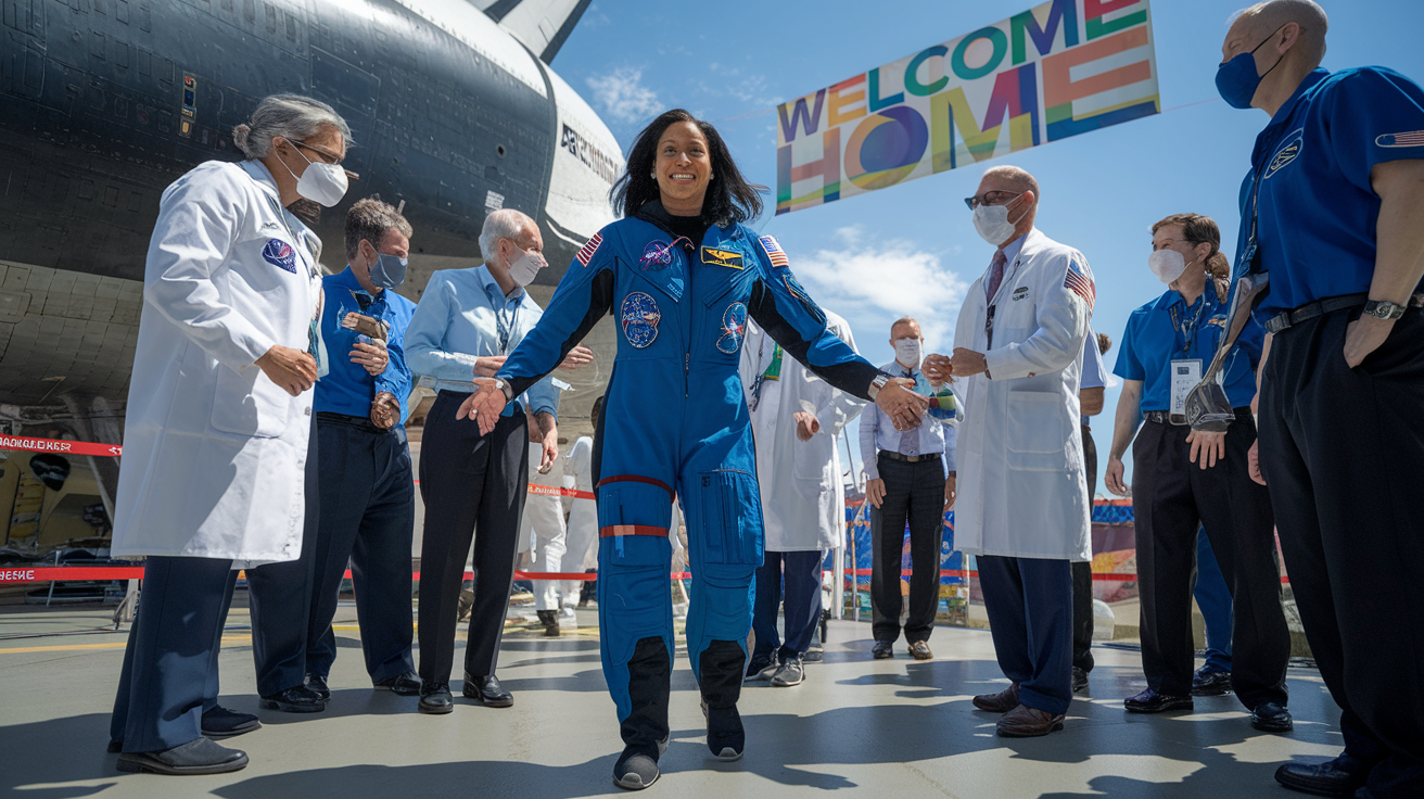 Create a realistic image of a white female astronaut, Sunita Williams, taking her first steps on Earth after returning from space, wearing a blue NASA flight suit, looking slightly unsteady but joyful, surrounded by NASA personnel and medical staff, with a spacecraft or shuttle visible in the background, bright sunlight illuminating the scene, and a large "Welcome Home" banner visible.