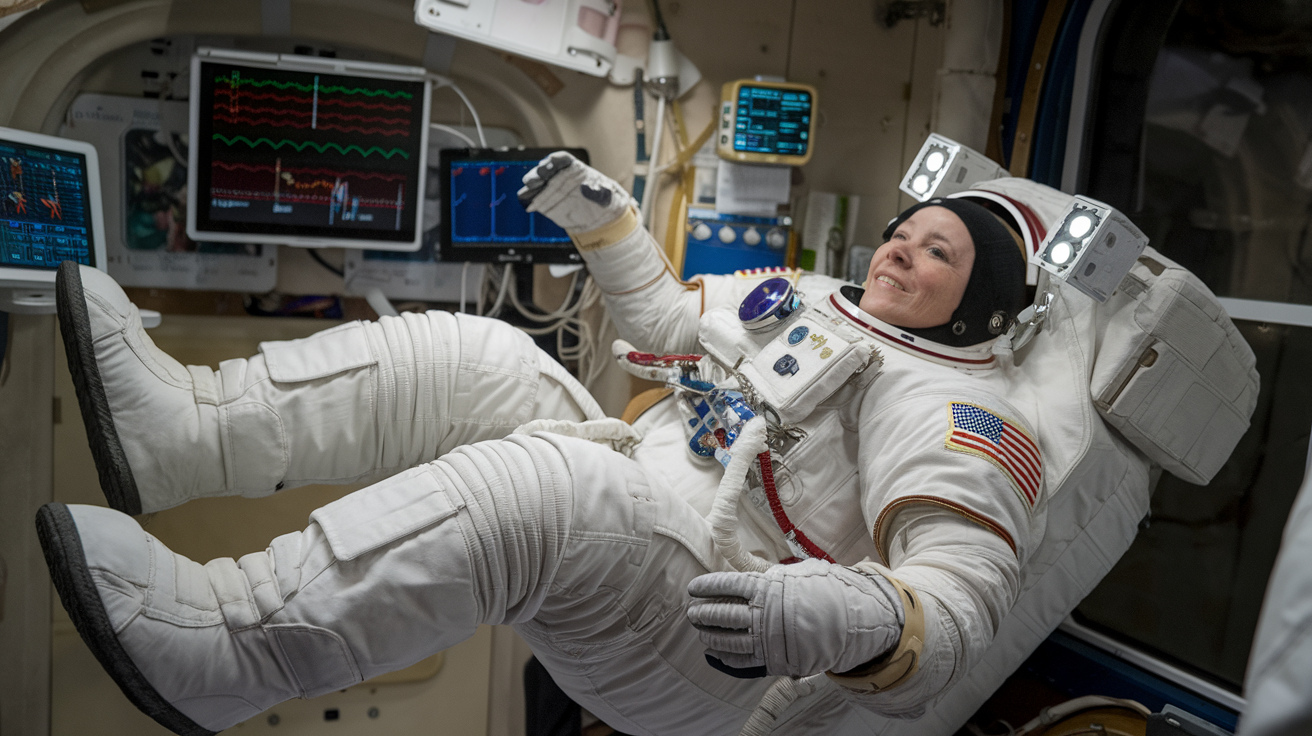 Create a realistic image of a white female astronaut floating in zero gravity, her muscles visibly atrophied, demonstrating surprising physical adaptations after returning from space. The background shows the interior of a spacecraft with medical equipment and monitors displaying vital signs.