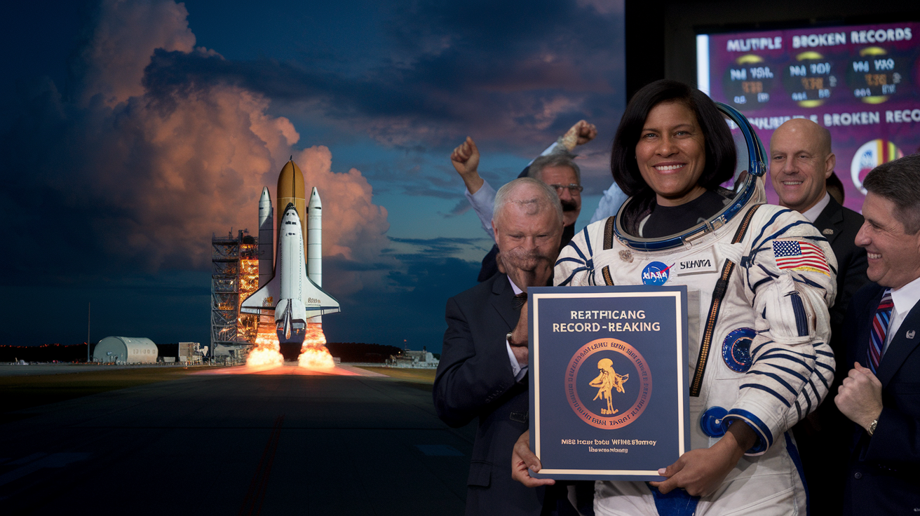 Create a realistic image of a space shuttle landing at night with dramatic lighting, astronaut Sunita Williams (Indian-American female) in a NASA spacesuit holding a record-breaking certificate, surrounded by cheering NASA officials, with a digital display showing multiple broken records in the background.