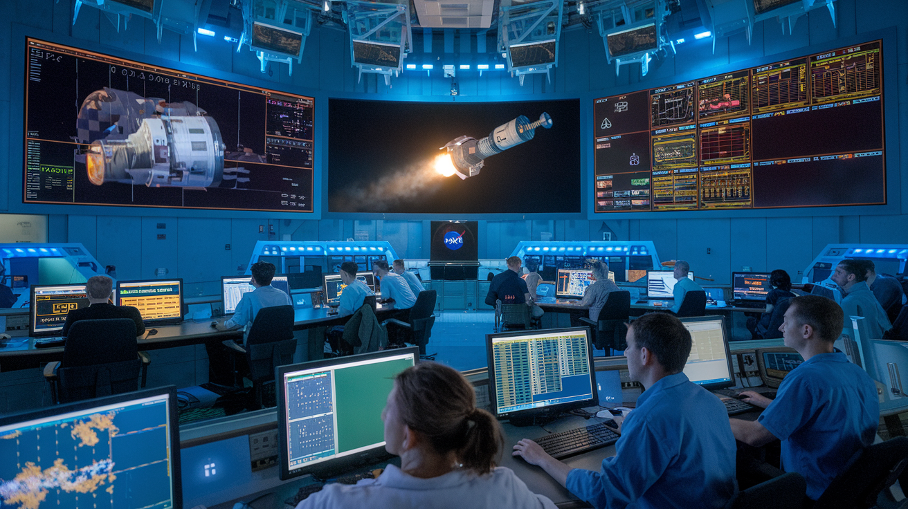 Create a realistic image of advanced space technology in a NASA control room, showing multiple large screens displaying data and spacecraft trajectories, with engineers and scientists of diverse races and genders working at computer stations, all bathed in the glow of blue LED lights, creating a sense of awe and technological achievement.