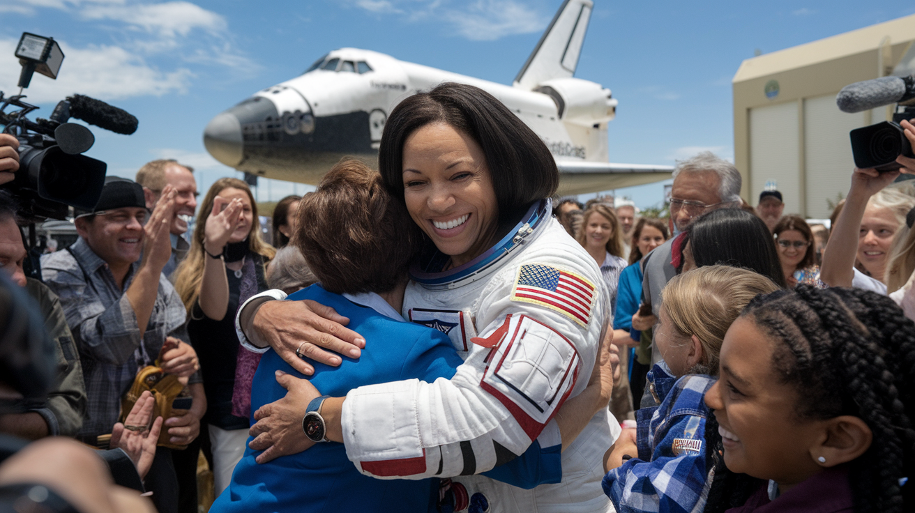 Create a realistic image of a white female astronaut, Sunita Williams, smiling warmly as she hugs her family members on Earth, with a NASA space shuttle visible in the background, surrounded by a crowd of cheering people and media cameras flashing, capturing the joyous atmosphere of her return from space.