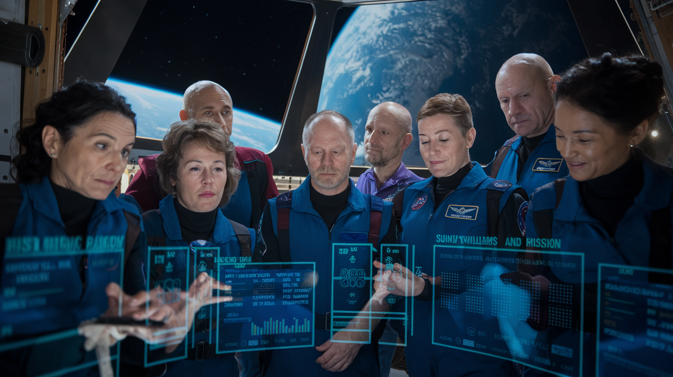 Create a realistic image of a diverse group of astronauts in a space station, studying holographic displays showing data from Sunita Williams' mission, with Earth visible through a large window, emphasizing a mood of focused analysis and future planning.