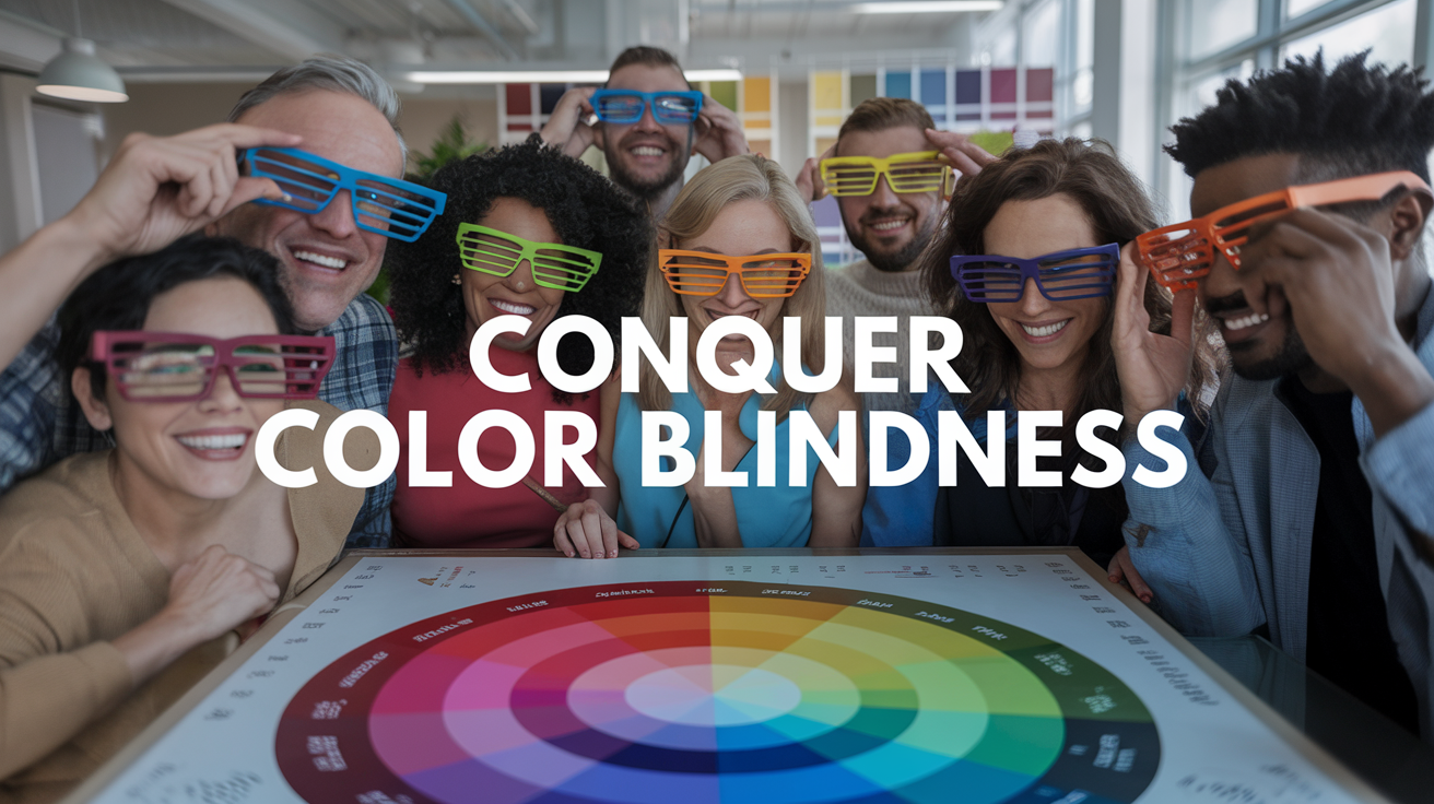 Create a realistic image of a diverse group of people wearing colorful glasses, looking at a vibrant color wheel chart, with the text "Conquer Color Blindness" overlaid in bold letters. The background should be a well-lit office or classroom setting with various color-coded objects and charts visible.