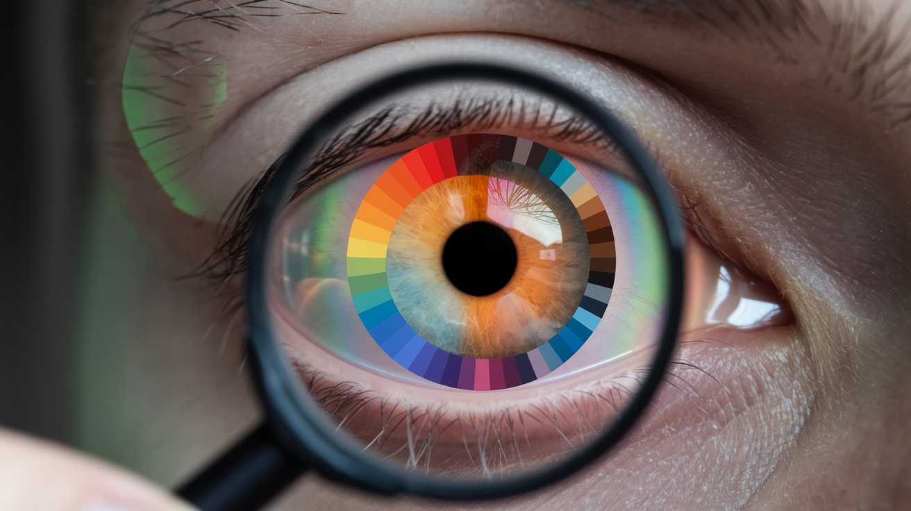 Create a realistic image of a close-up view of a human eye with visible color distortion, overlaid with various color test patterns like Ishihara plates, accompanied by a hand holding a magnifying glass to examine the eye, all set against a blurred background of muted colors to emphasize the concept of color blindness understanding.
