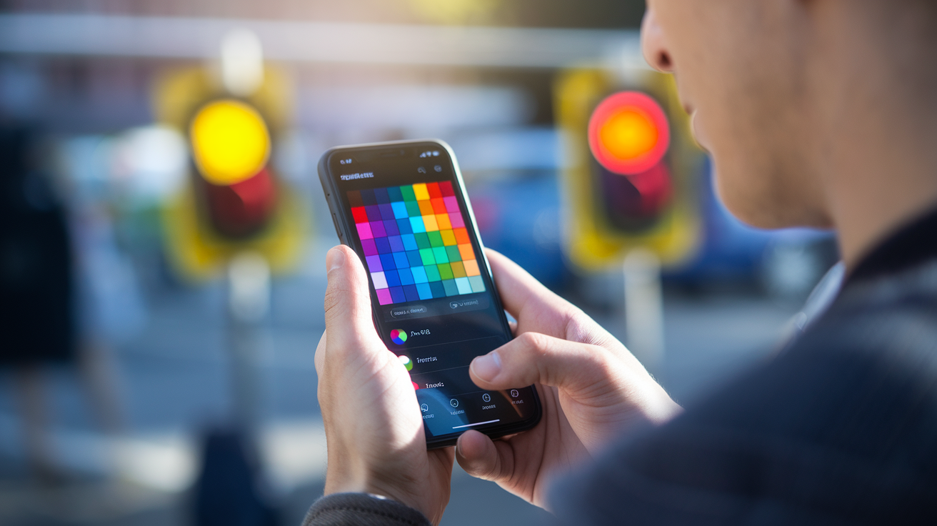 Create a realistic image of a white male using a smartphone app for color blindness assistance, the screen showing a vibrant color palette with labels, against a background of everyday objects like traffic lights and clothing, with soft natural lighting emphasizing the technology's role in enhancing color perception.