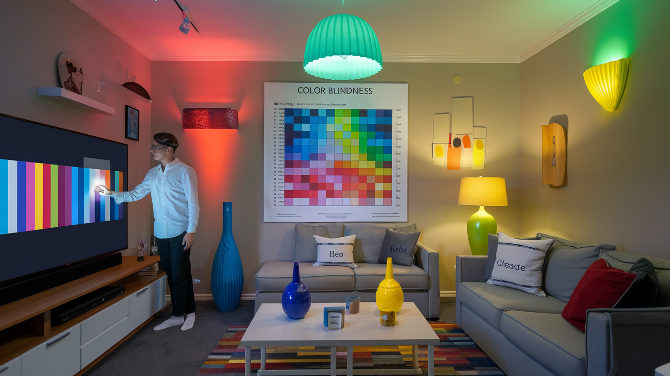 Create a realistic image of a living room with color-coded labels on various objects, a white male adjusting the brightness on a large TV screen, specialized lighting fixtures emitting different hues, and a prominently displayed chart of color blindness tests on the wall.