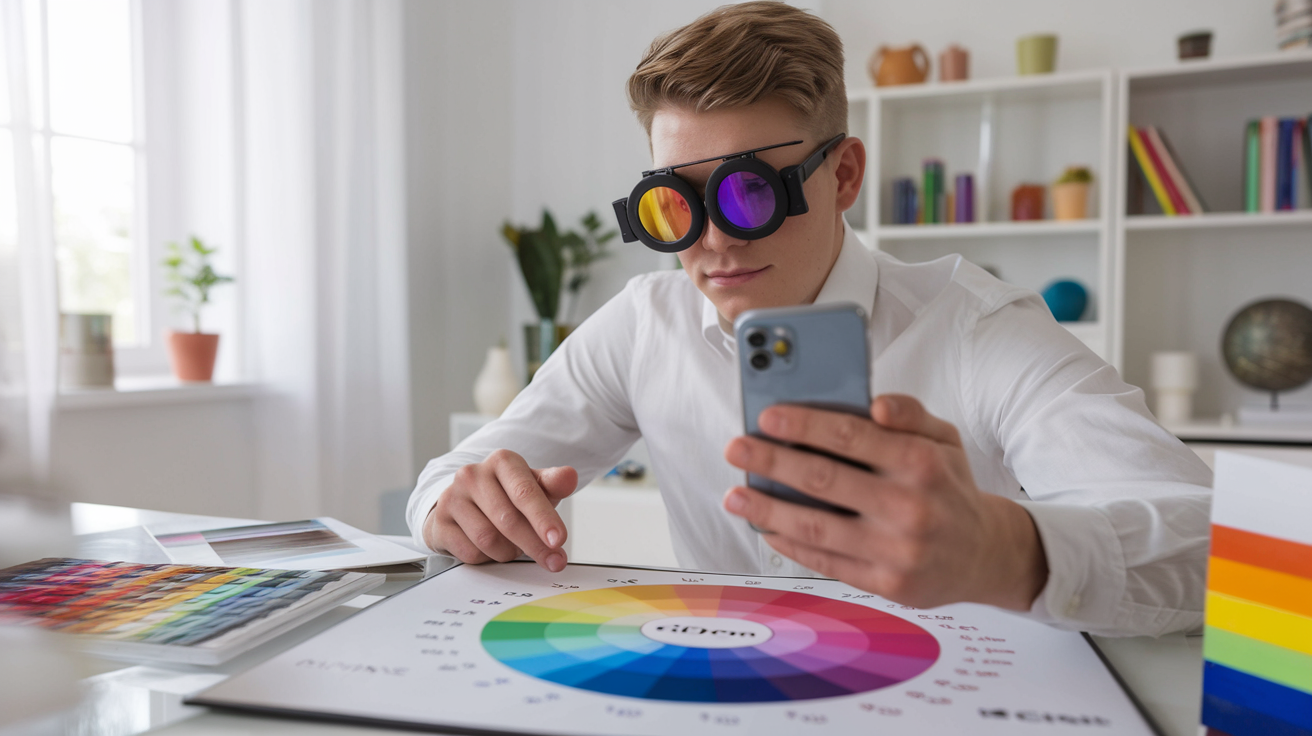 Create a realistic image of a white male wearing special color-correcting glasses, studying a color wheel chart with labels, while holding a smartphone displaying a color identification app, in a bright, well-lit room with various colorful objects scattered on a desk nearby.