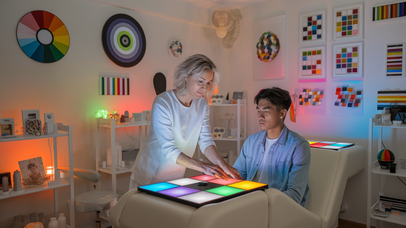 Create a realistic image of a serene therapy room with soft, ambient lighting, featuring a white female therapist in her 40s using colorful light panels to treat a young Asian male patient with color blindness, surrounded by various color wheels, prisms, and color-based visual aids on the walls, emphasizing the concept of color therapy and its potential benefits for color vision deficiencies.