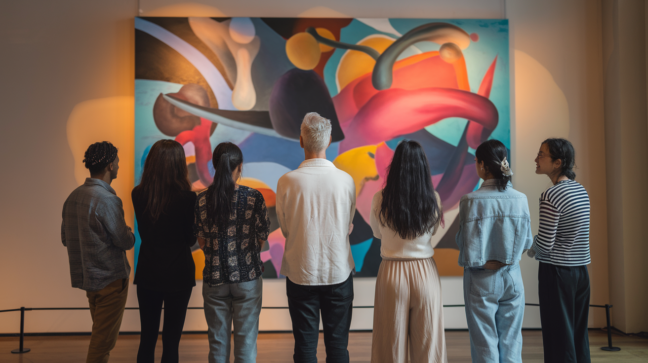 Create a realistic image of a diverse group of people, including a white male, black female, and Asian female, standing together and looking at a vibrant abstract painting with overlapping shapes and colors, symbolizing different perspectives on color perception, with soft natural lighting in an art gallery setting.