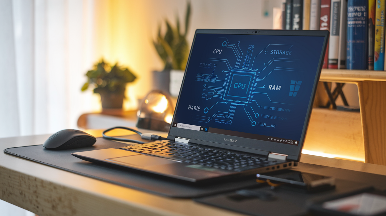 Create a realistic image of a modern laptop on a desk with its screen displaying basic components like CPU, RAM, and storage, surrounded by various computer peripherals such as a mouse, external hard drive, and USB stick, with warm, soft lighting creating a welcoming atmosphere for learning about laptop basics.