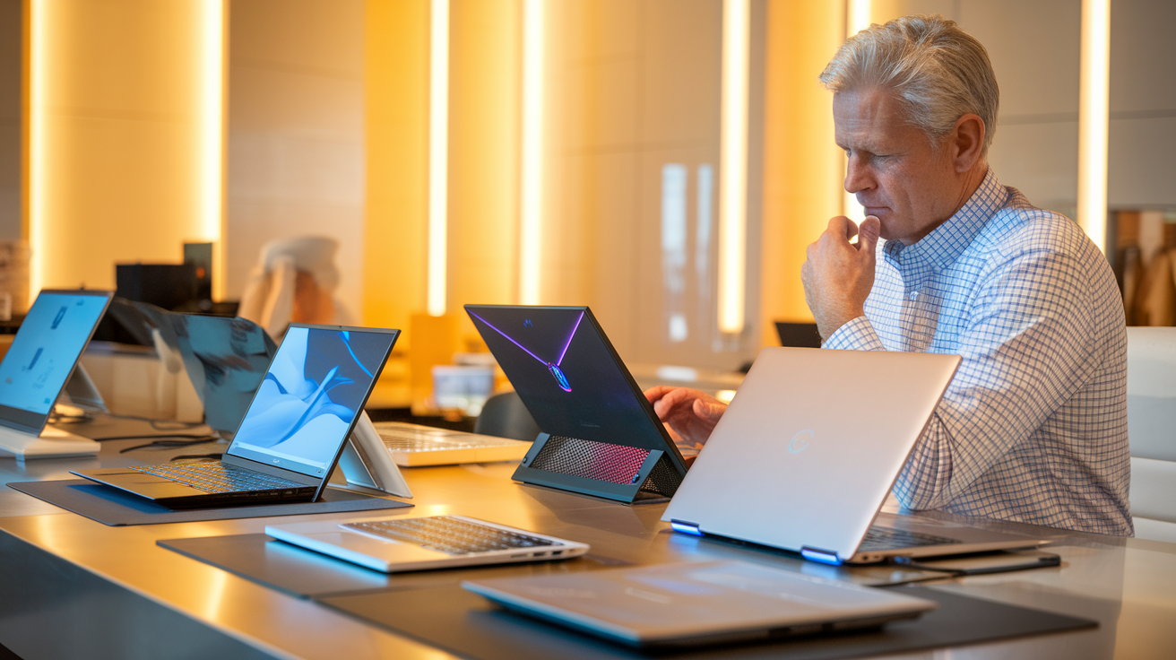 Create a realistic image of a sleek modern office desk with various laptop models displayed, ranging from slim ultrabooks to powerful gaming laptops, alongside a thoughtful-looking middle-aged white male in business casual attire examining the devices, with a warm, well-lit background suggesting a retail environment or tech showroom.