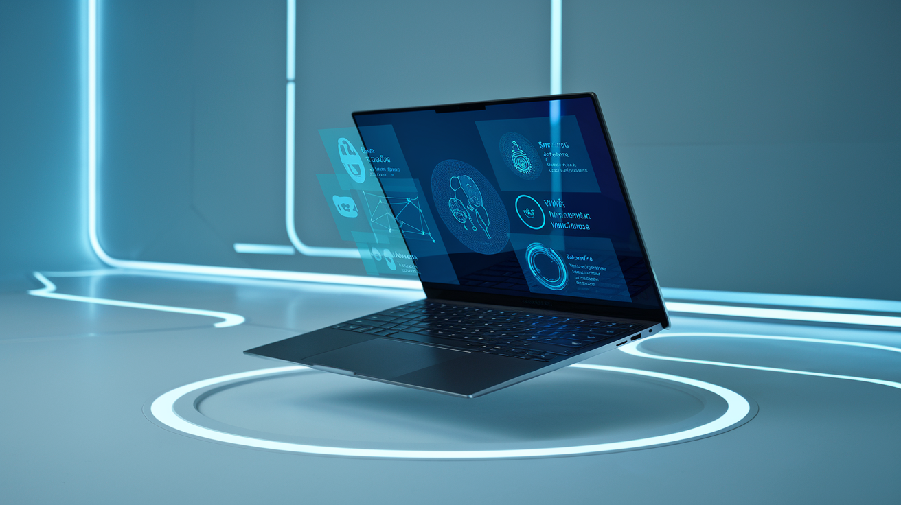 Create a realistic image of a sleek, ultra-thin laptop with a borderless display, floating in a futuristic, minimalist workspace. The laptop's screen shows holographic projections of various cutting-edge features like biometric sensors, wireless charging, and AI assistants. Soft, blue ambient lighting highlights the laptop's innovative design, emphasizing its advanced technology and seamless integration with the modern environment.
